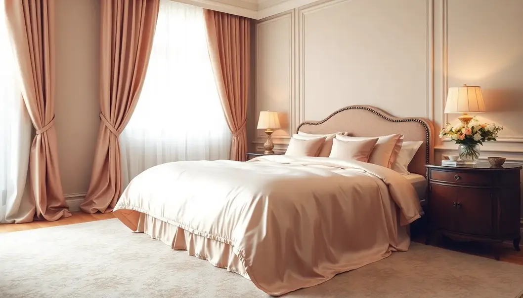 Elegant bedroom with cotton and silk blend textiles, exuding warmth and luxury.