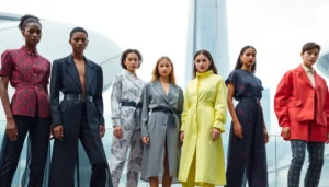 Group of models in futuristic setting showcasing sustainable and digital fashion designs.