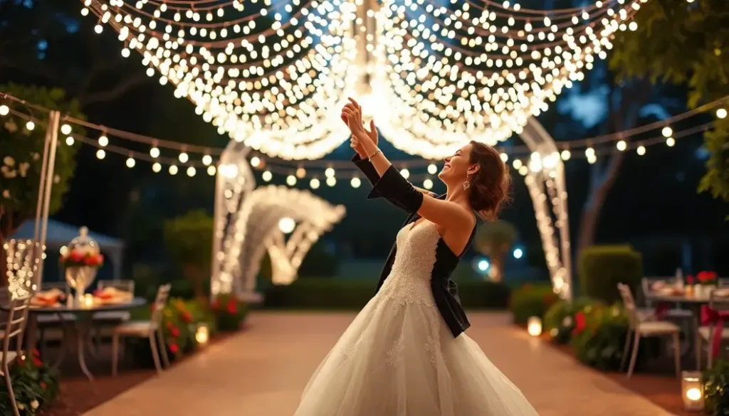 A joyful couple dancing under twinkling lights in an enchanting garden setting.