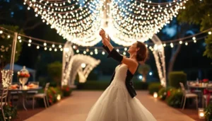 A joyful couple dancing under twinkling lights in an enchanting garden setting.