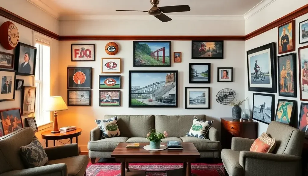 A cozy room showcasing a mix of sports memorabilia and art, illustrating their intersection.
