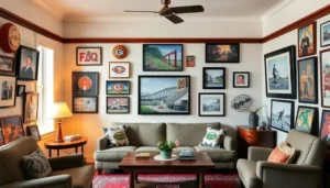 A cozy room showcasing a mix of sports memorabilia and art, illustrating their intersection.