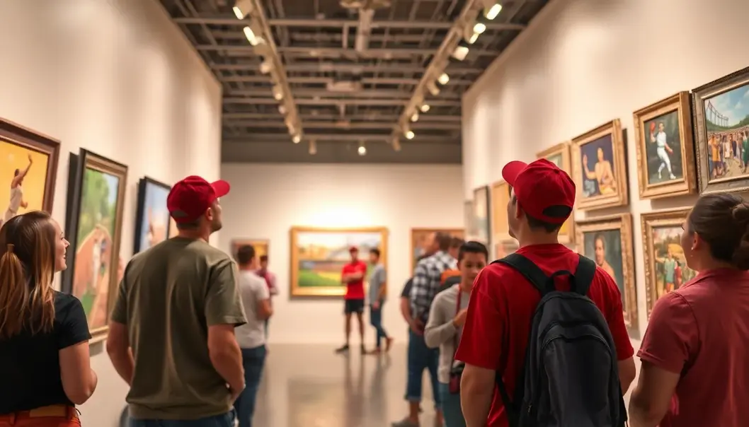Sports enthusiasts exploring a gallery filled with affordable, sports-themed artwork.
