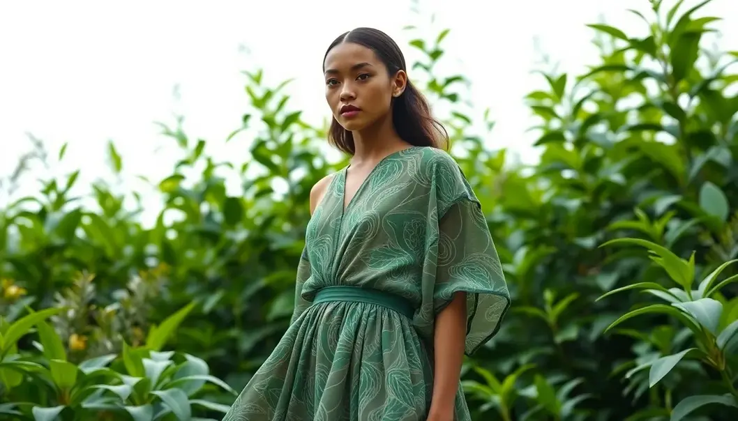 A model showcases eco-conscious fashion with a dress made from sustainable fabric.